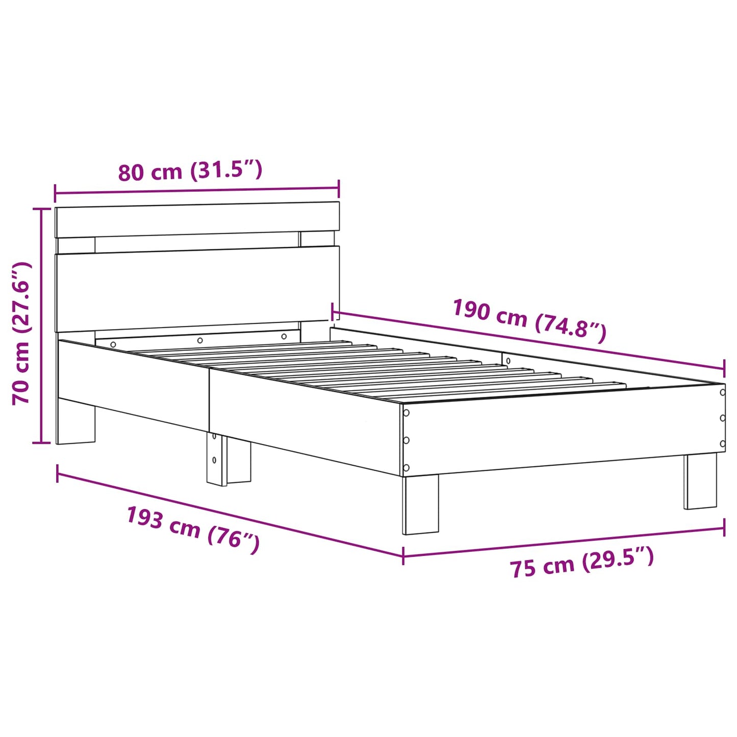 Bedframe met LED Oudhout 75 x 190 cm Bewerkt hout is nu te koop bij PeponiXL, paradijselijk wonen!