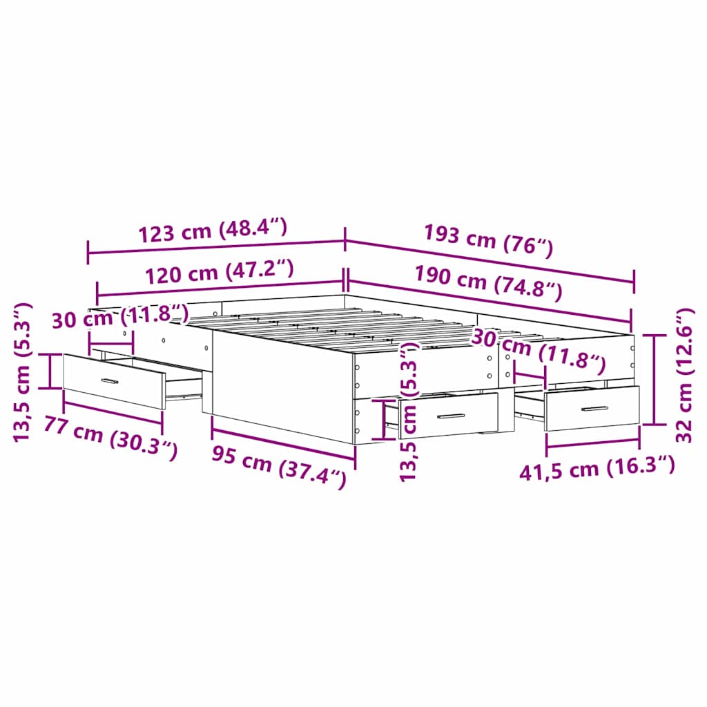 Bedframe met lade Artisan Eiken 120 x 190 cm Bewerkt hout is nu te koop bij PeponiXL, paradijselijk wonen!