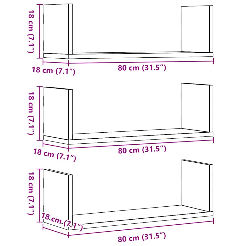 Wandplanken 3 stuks Zwart Eiken 80x18x18 cm Bewerkt Hout is nu te koop bij PeponiXL, paradijselijk wonen!