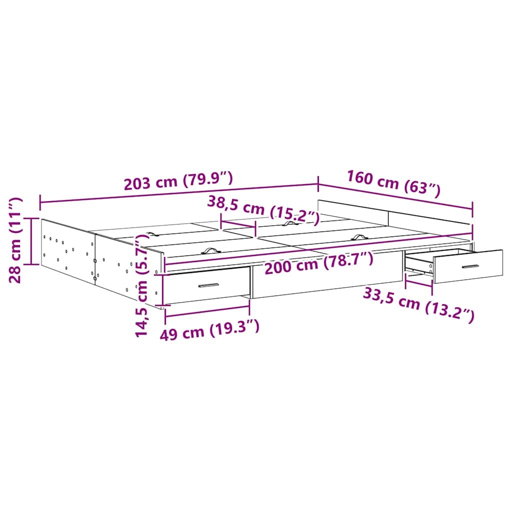 Opbergbedframe met lade Gerookt eiken 160 x 200 cm Bewerkt hout is nu te koop bij PeponiXL, paradijselijk wonen!