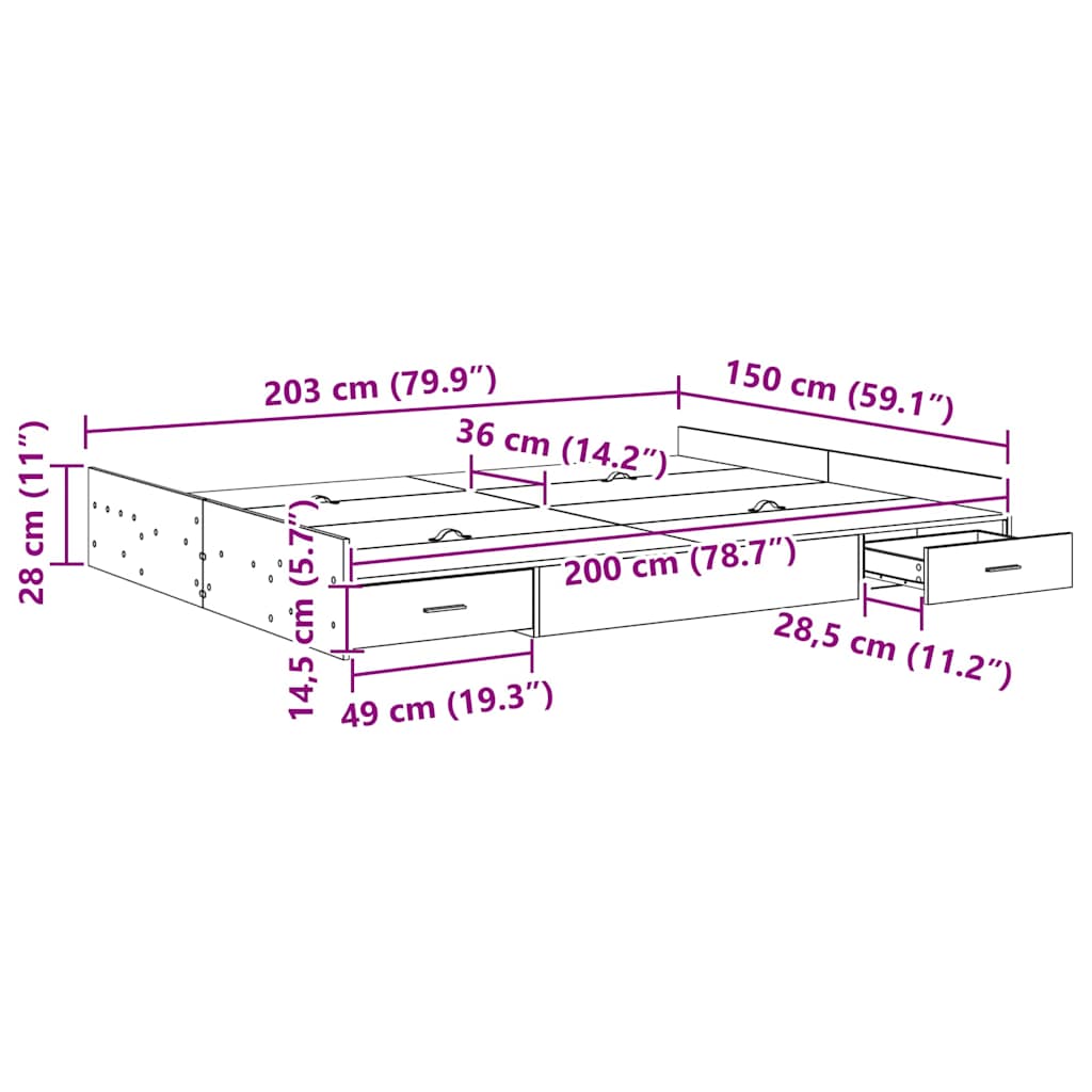 Opbergbedframe met lade Gerookt eiken 150 x 200 cm Bewerkt hout is nu te koop bij PeponiXL, paradijselijk wonen!