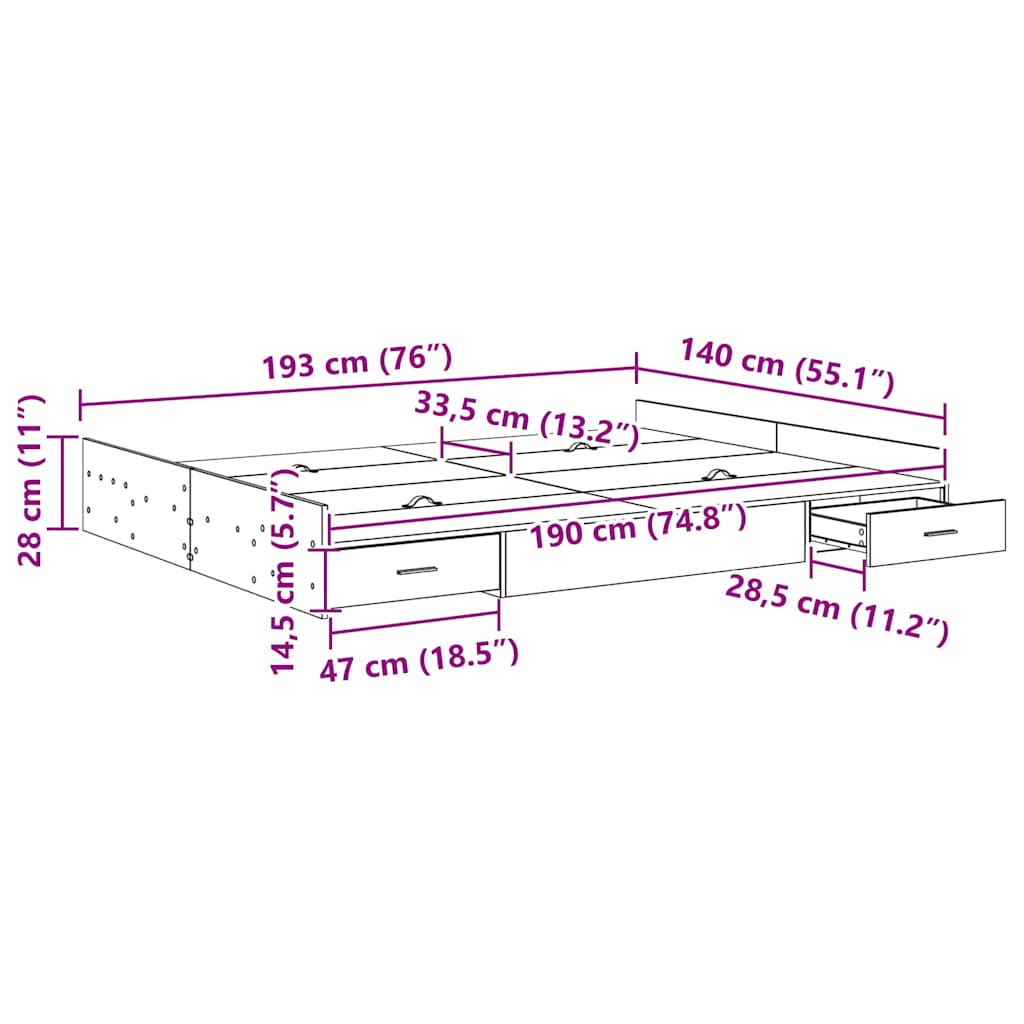 Opbergbedframe met lade Grijs Sonoma 140 x 190 cm Bewerkt hout is nu te koop bij PeponiXL, paradijselijk wonen!