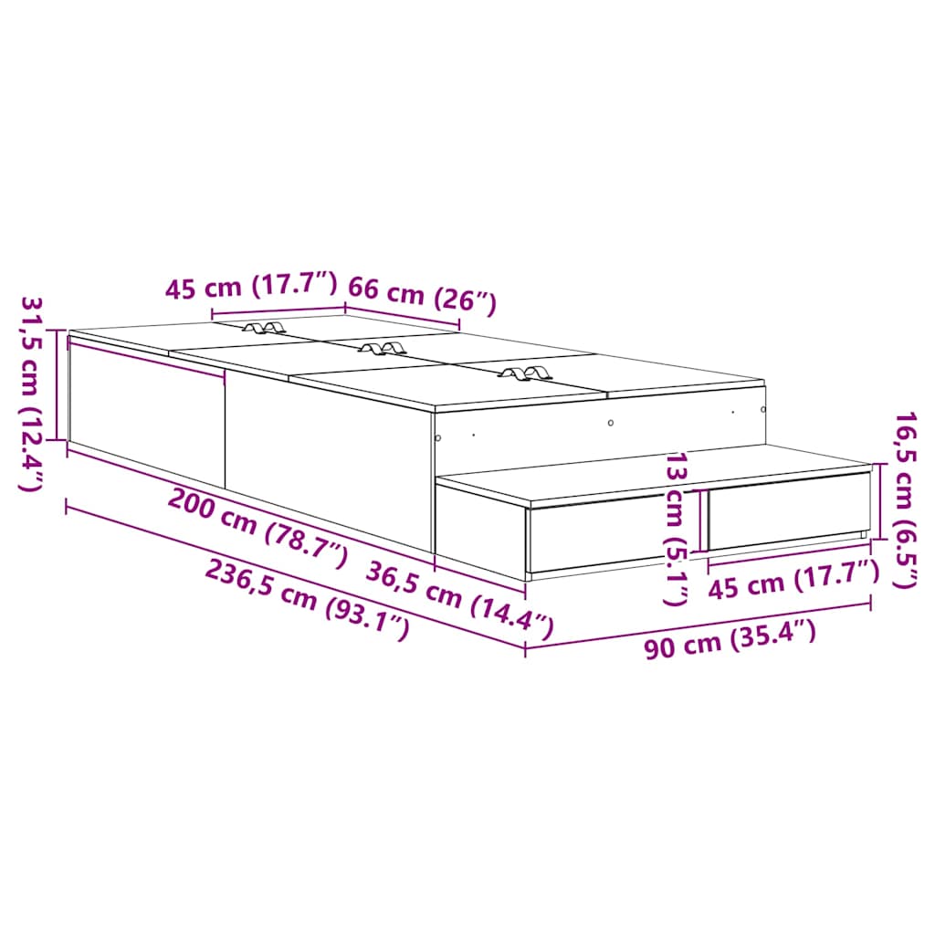 Opbergbedframe met lade Gerookt eiken 90 cm Bewerkt hout