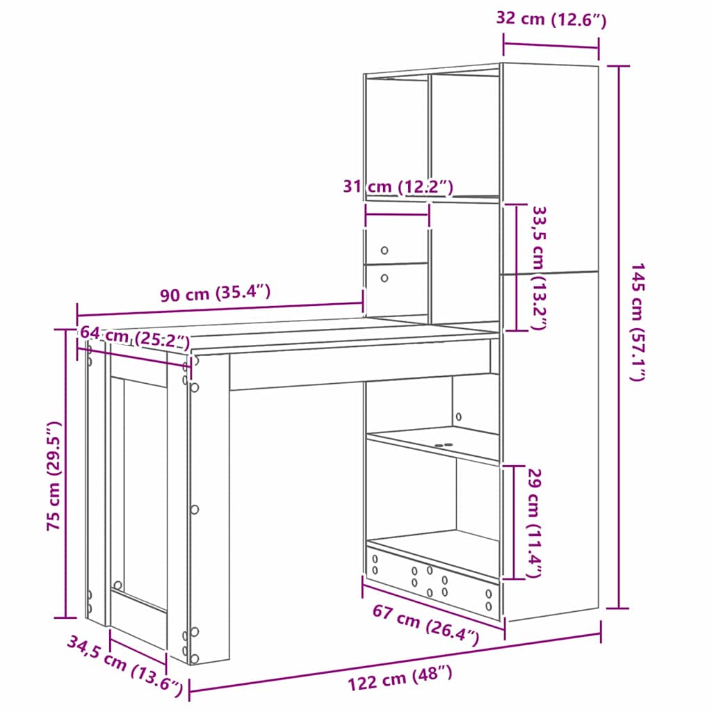 Bureau met plank Gerookt eiken 122 x 67 x 145 cm Bewerkt hout is nu te koop bij PeponiXL, paradijselijk wonen!