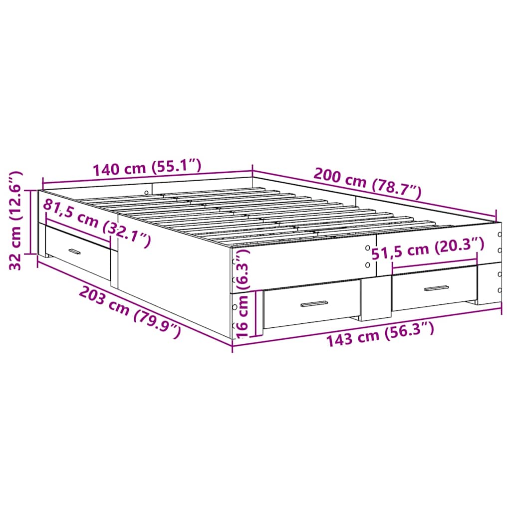 Bedframe met lade met opslag Bruin 140 x 200 cm Bewerkt hout is nu te koop bij PeponiXL, paradijselijk wonen!