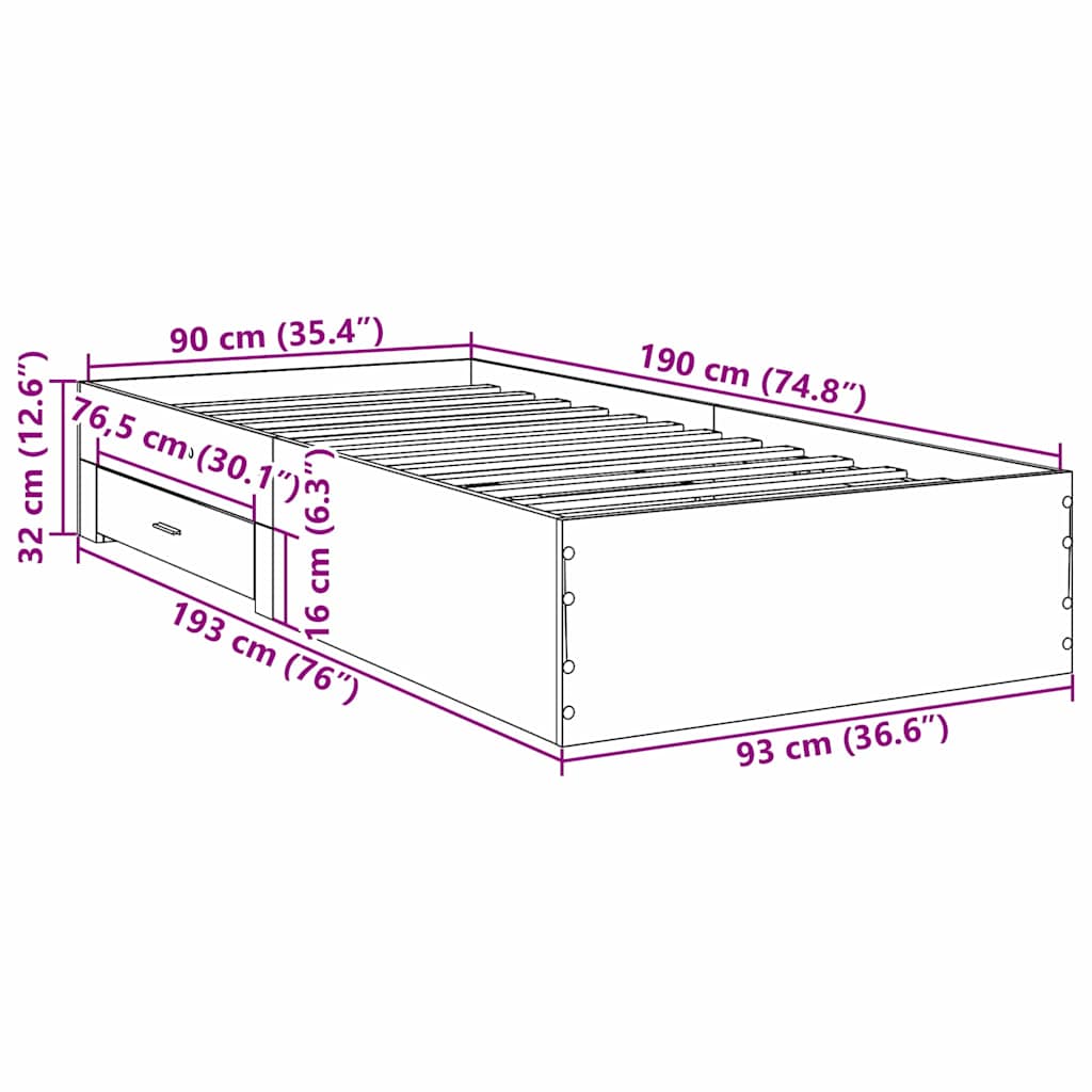 Bedframe met lade met opslag Bruin 90 x 190 cm Bewerkt hout is nu te koop bij PeponiXL, paradijselijk wonen!
