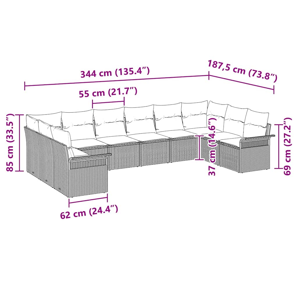 Tuin Sofa Set met kussen 10 pcs Grijs poly rattan is nu te koop bij PeponiXL, paradijselijk wonen!