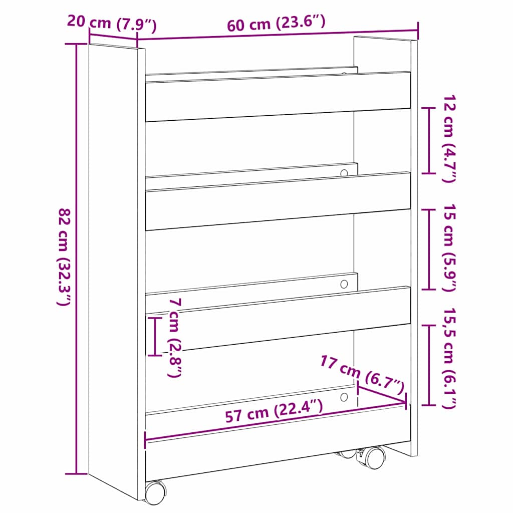 Smalle Opbergtrolley Zwart Eiken 60 x 20 x 82 cm Bewerkt hout is nu te koop bij PeponiXL, paradijselijk wonen!