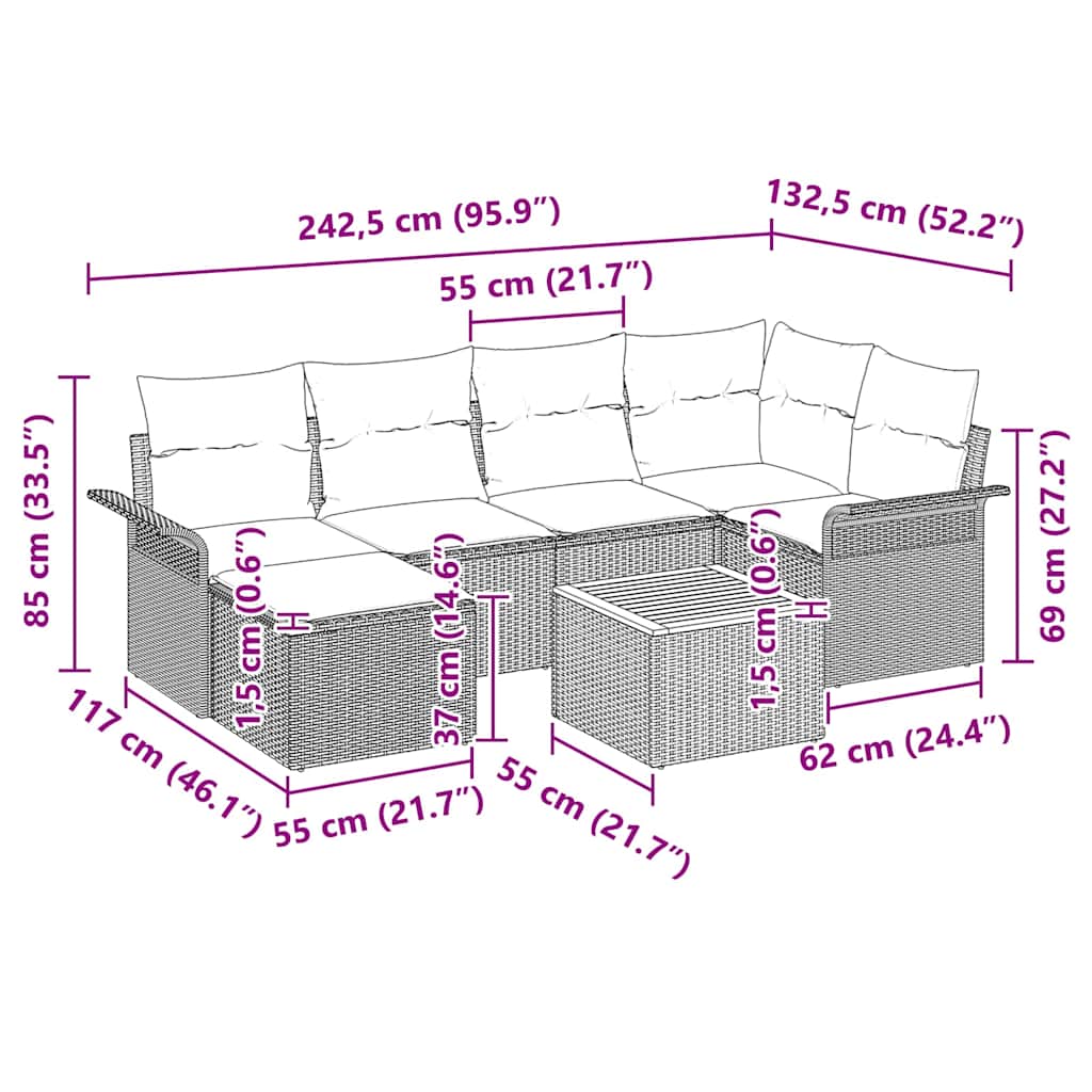 Tuinbankenset met kussen 7 pcs Zwart poly rattan