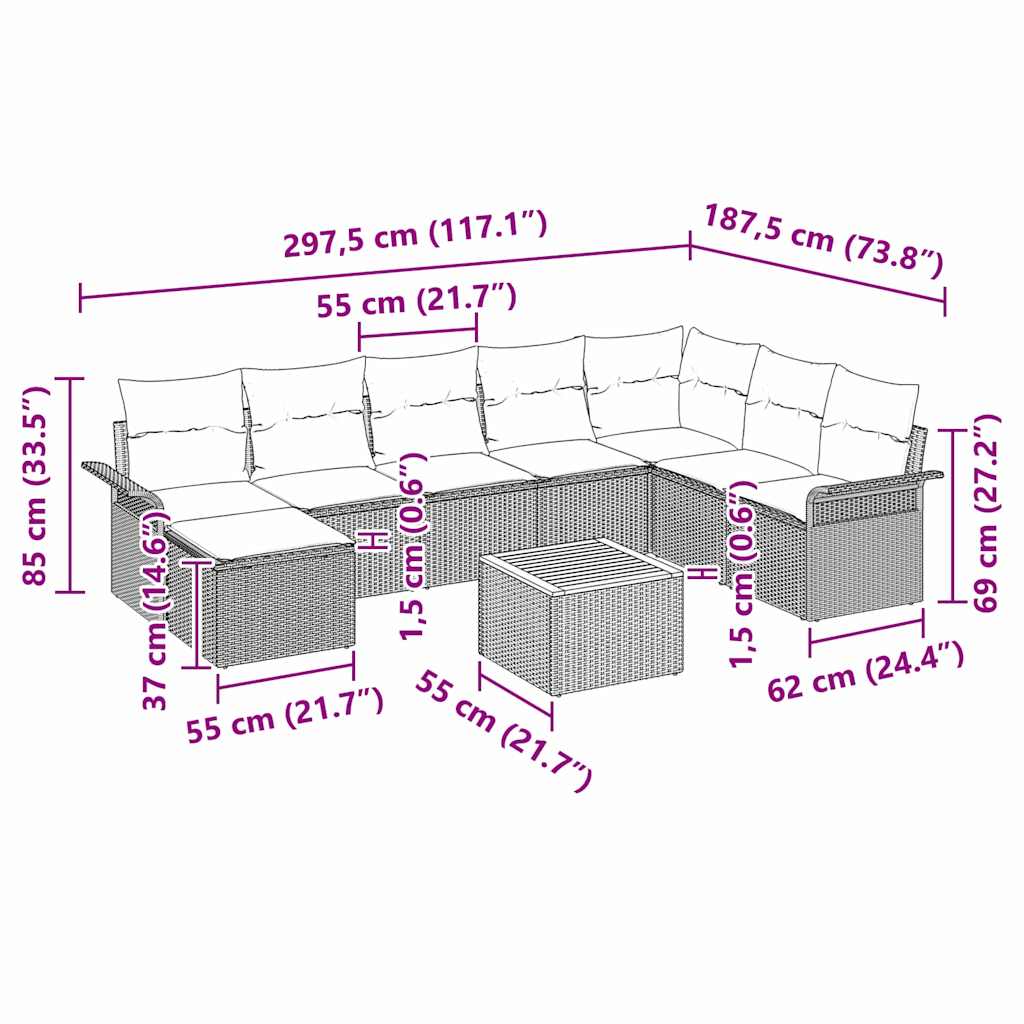 Tuinbankenset met kussen 9 pcs Zwart poly rattan
