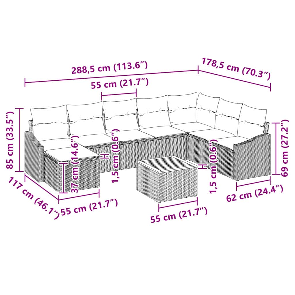 Tuinbankenset met kussen 9 pcs Zwart poly rattan