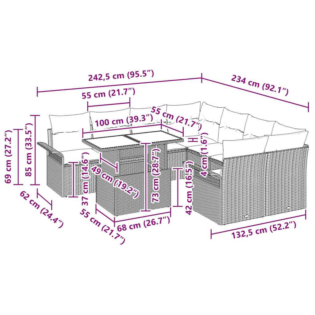 Tuin Sofa Set met kussen 9 pcs Lichtgrijs poly rattan is nu te koop bij PeponiXL, paradijselijk wonen!