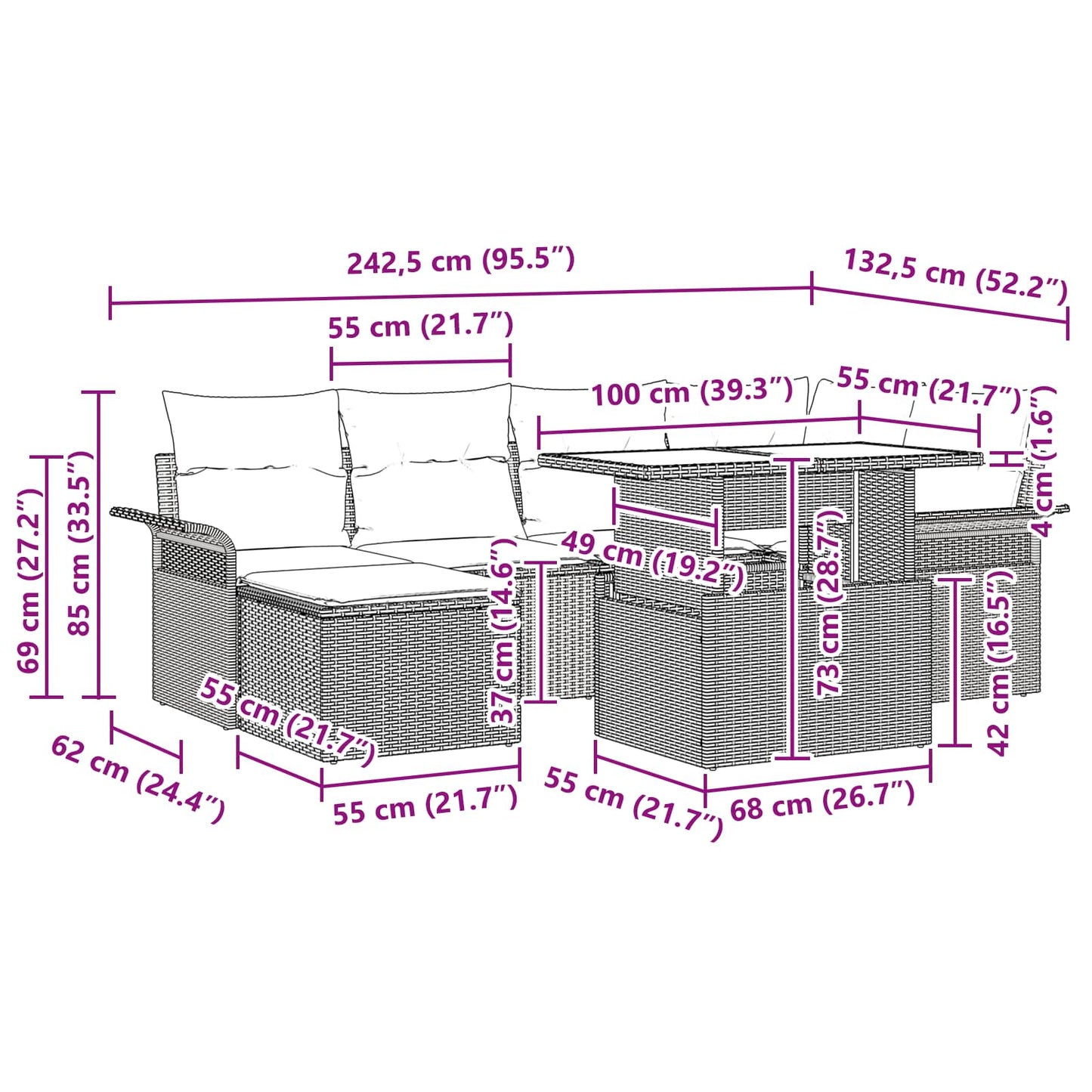 Tuin Sofa Set met kussen 7 pcs Bruin poly rattan is nu te koop bij PeponiXL, paradijselijk wonen!