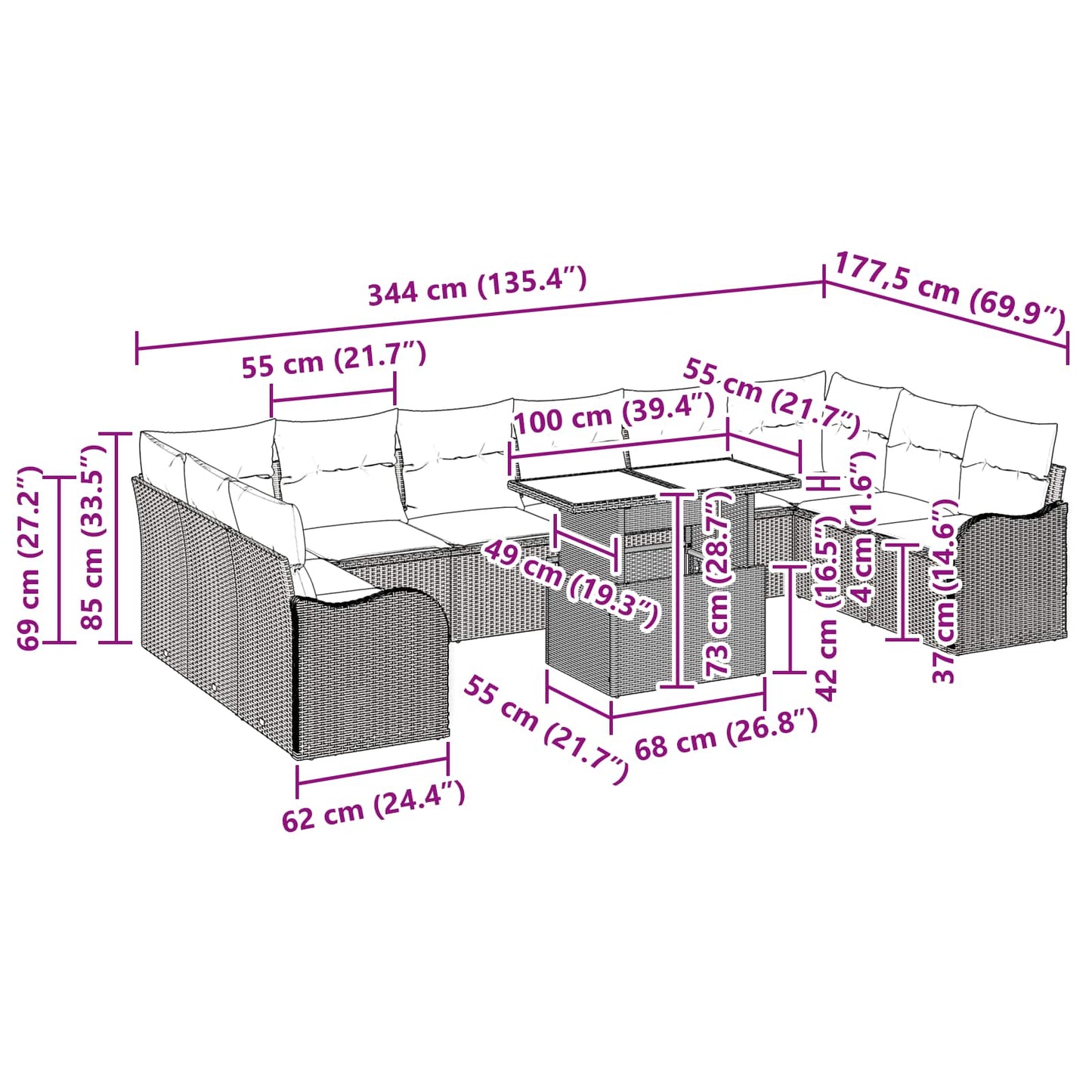 Tuin Sofa Set met kussen 11 pcs Bruin Poly riet is nu te koop bij PeponiXL, paradijselijk wonen!