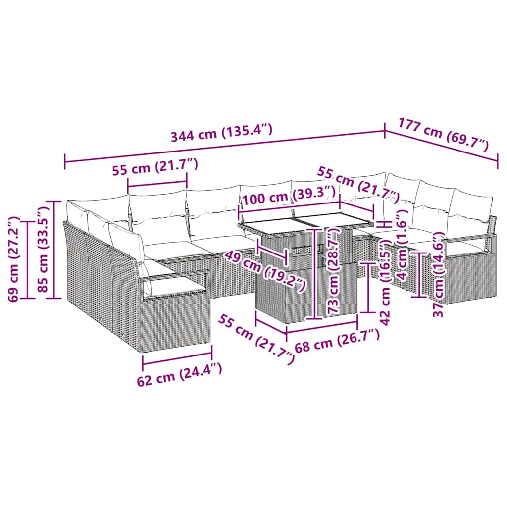 Tuin Sofa Set met kussen 11 pcs Zwart poly rattan is nu te koop bij PeponiXL, paradijselijk wonen!