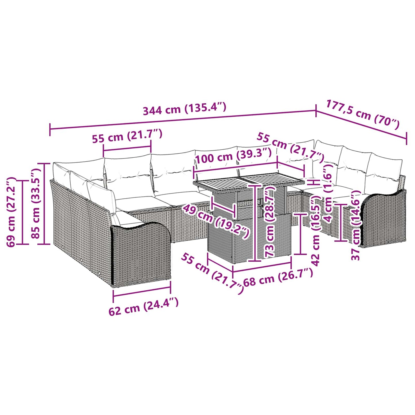 Tuin Sofa Set met kussen 11 pcs Zwart en crème is nu te koop bij PeponiXL, paradijselijk wonen!