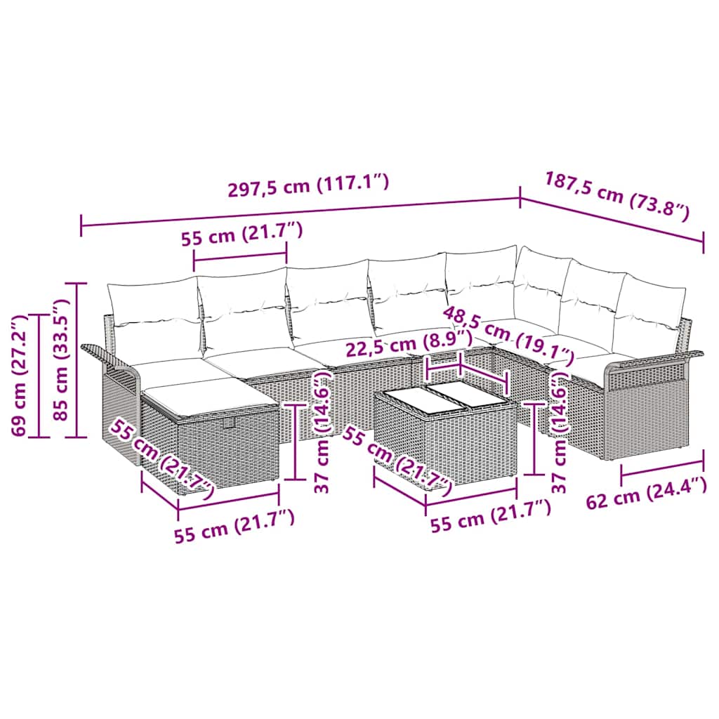 Tuin Sofa Set met kussen 9 pcs Beige en Crème poly rattan is nu te koop bij PeponiXL, paradijselijk wonen!
