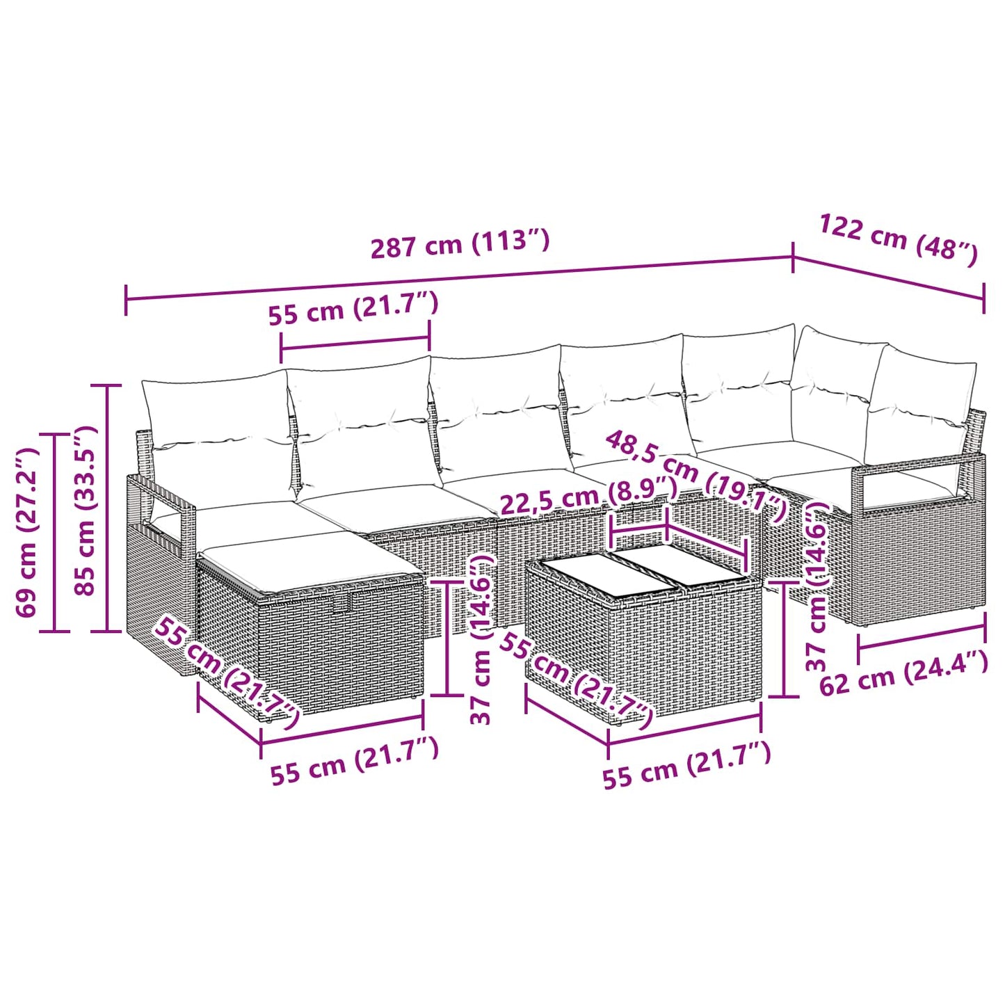 Bankstel met kussen 8 pcs Zwart en Turquoise poly rattan is nu te koop bij PeponiXL, paradijselijk wonen!