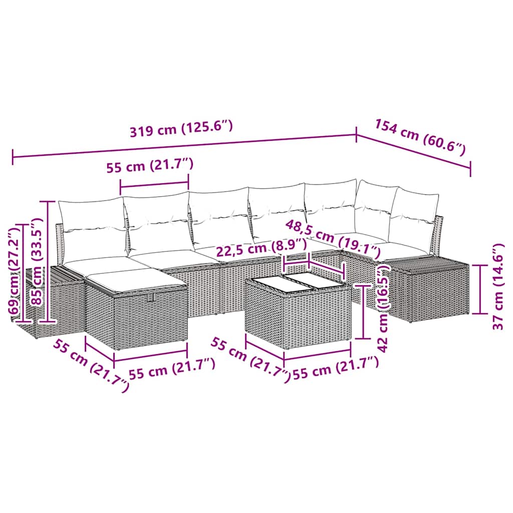 Tuin Sofa Set met kussen 8 pcs Grijs poly rattan is nu te koop bij PeponiXL, paradijselijk wonen!