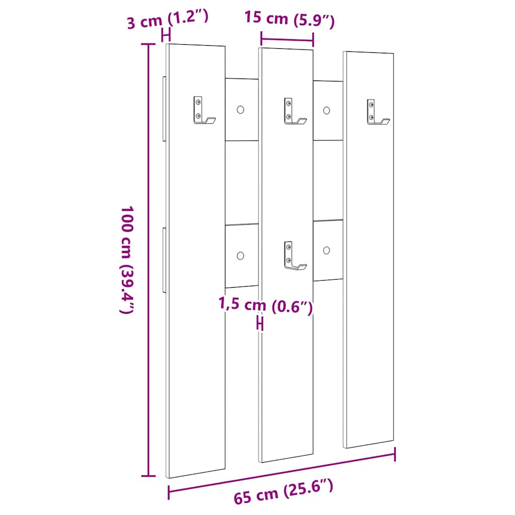 Wandgemonteerde kapstok Oudhout 65 x 3 x 100 cm Bewerkt hout