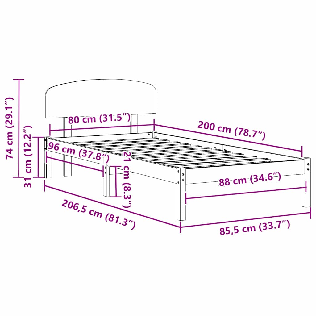 Bedframe met hoofdeinde Wasbruin 80 x 200 cm Massief grenenhout is nu te koop bij PeponiXL, paradijselijk wonen!