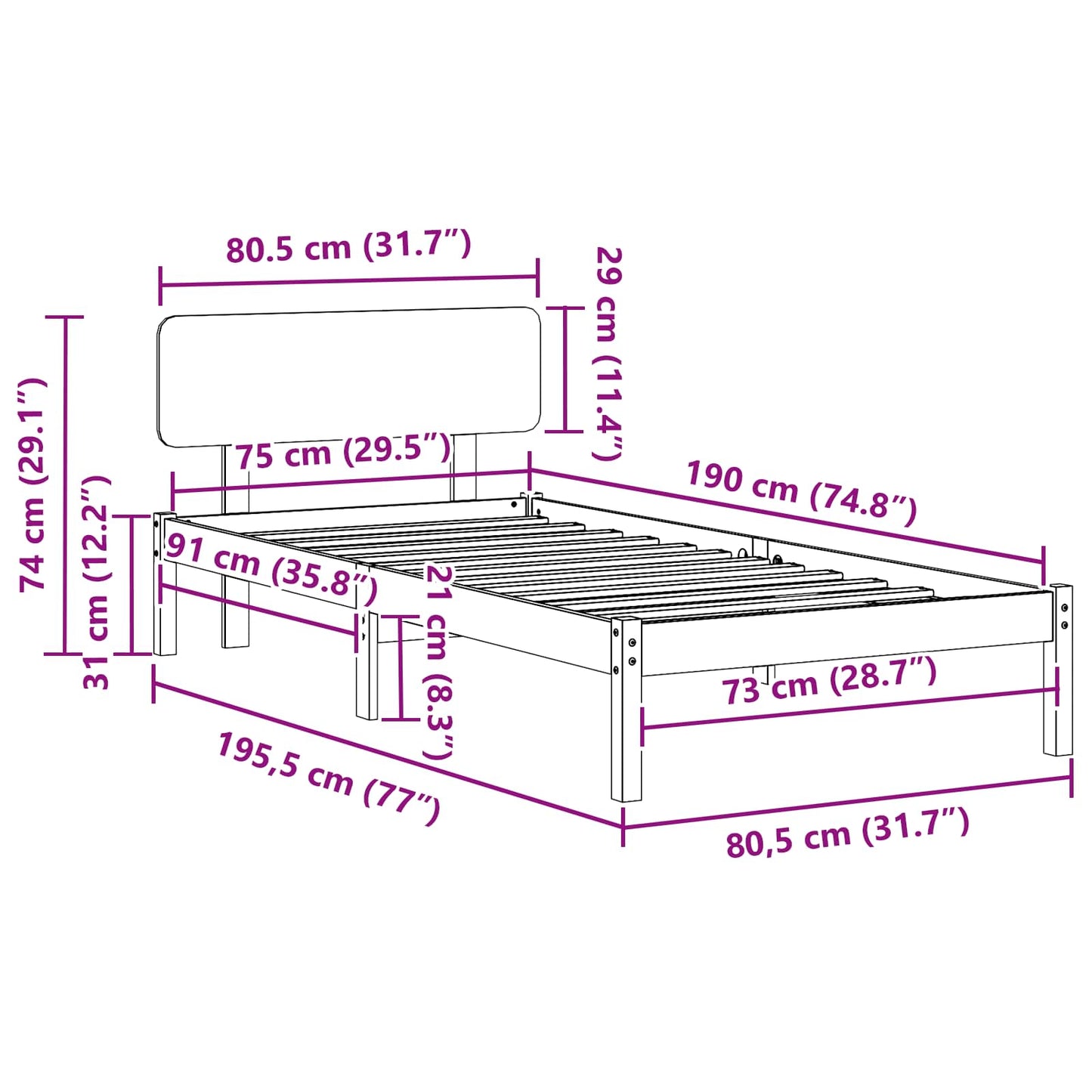 Bedframe met hoofdeinde Wit 75 x 190 cm Massief grenenhout is nu te koop bij PeponiXL, paradijselijk wonen!
