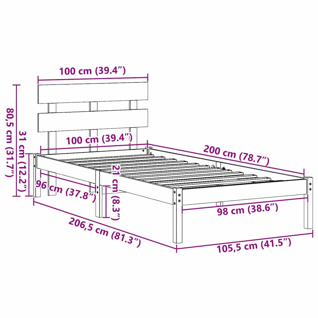 Bedframe met hoofdeinde Wit 100 x 200 cm Massief grenenhout is nu te koop bij PeponiXL, paradijselijk wonen!