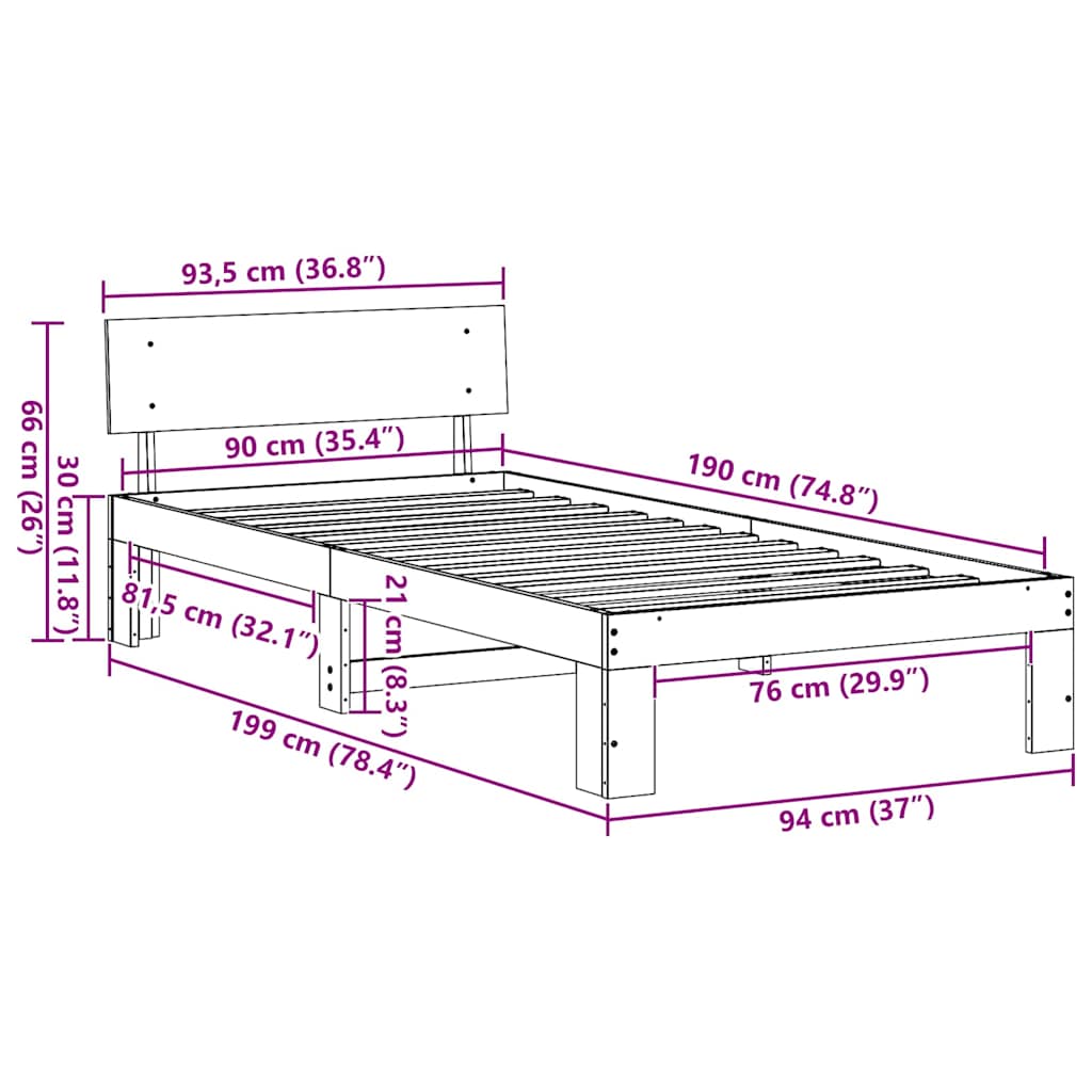 Bedframe met hoofdeinde Wasbruin 90 x 190 cm Massief grenenhout is nu te koop bij PeponiXL, paradijselijk wonen!