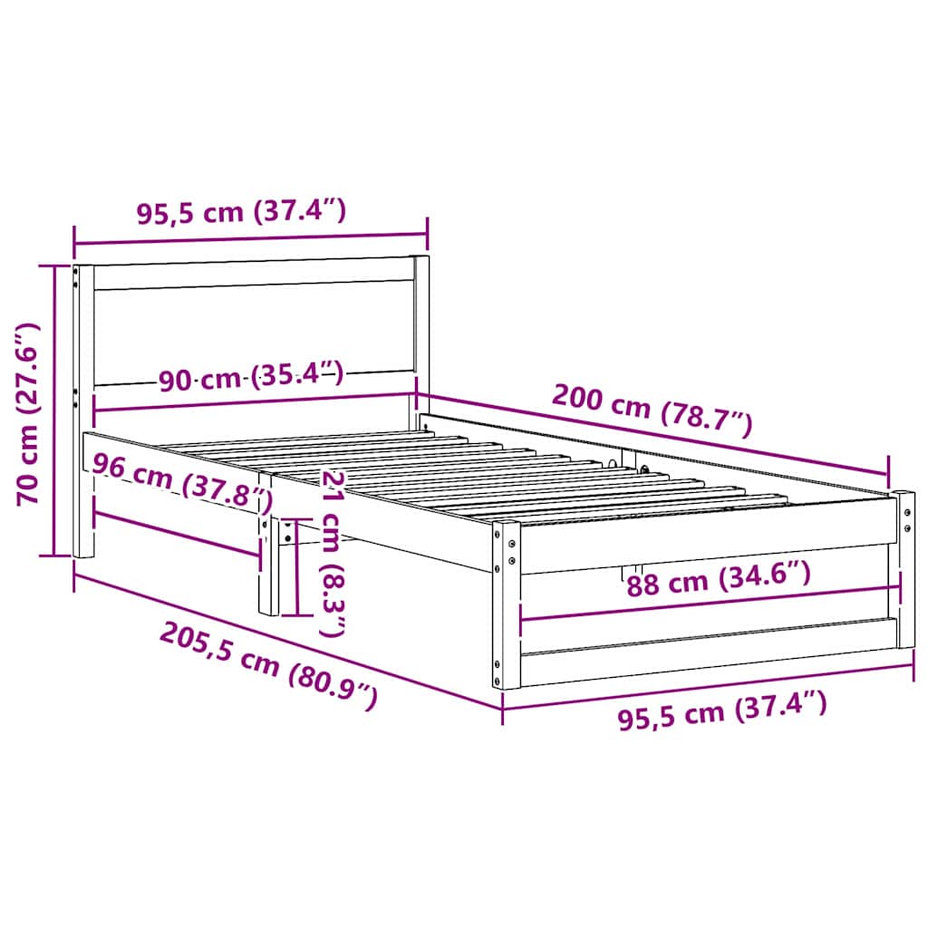 Bedframe met hoofdeinde Wasbruin 90 x 200 cm Massief grenenhout is nu te koop bij PeponiXL, paradijselijk wonen!