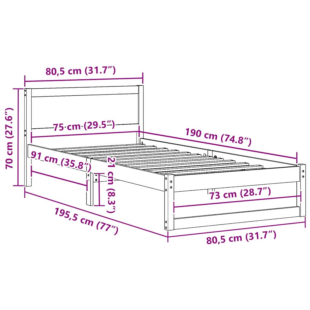 Bedframe met hoofdeinde Wasbruin 75 x 190 cm Massief grenenhout is nu te koop bij PeponiXL, paradijselijk wonen!