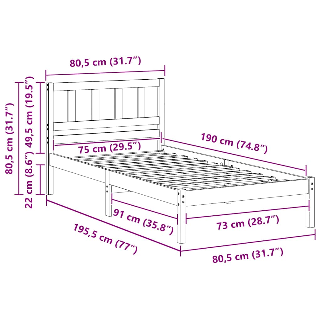 Bedframe met hoofdeinde Bruin 75 x 190 cm Massief grenenhout is nu te koop bij PeponiXL, paradijselijk wonen!