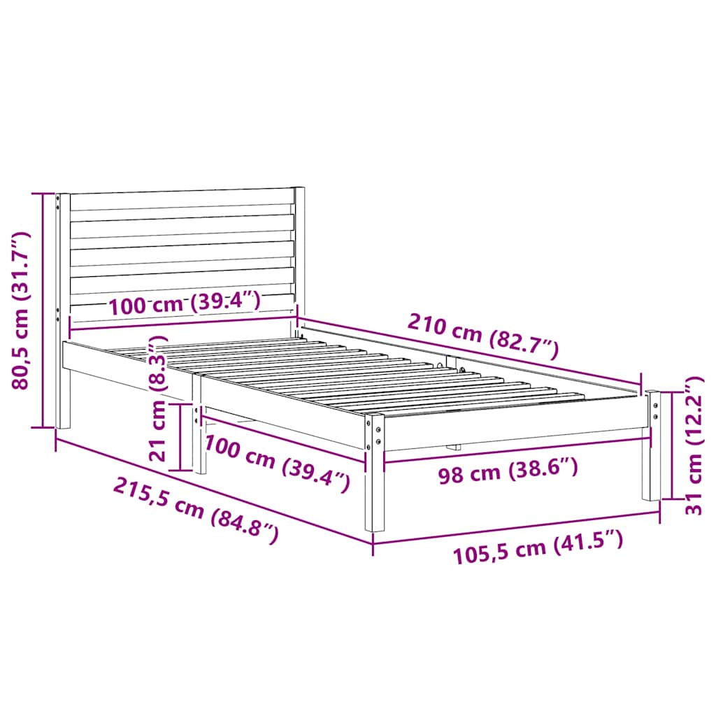 Bedframe met hoofdeinde Wit 100 x 210 cm Massief grenenhout is nu te koop bij PeponiXL, paradijselijk wonen!