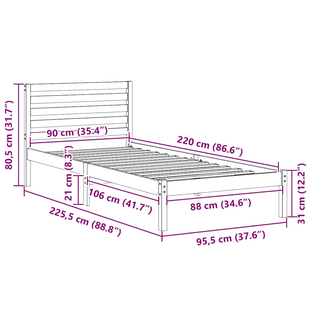 Bedframe met hoofdeinde Bruin 90 x 220 cm Massief grenenhout is nu te koop bij PeponiXL, paradijselijk wonen!