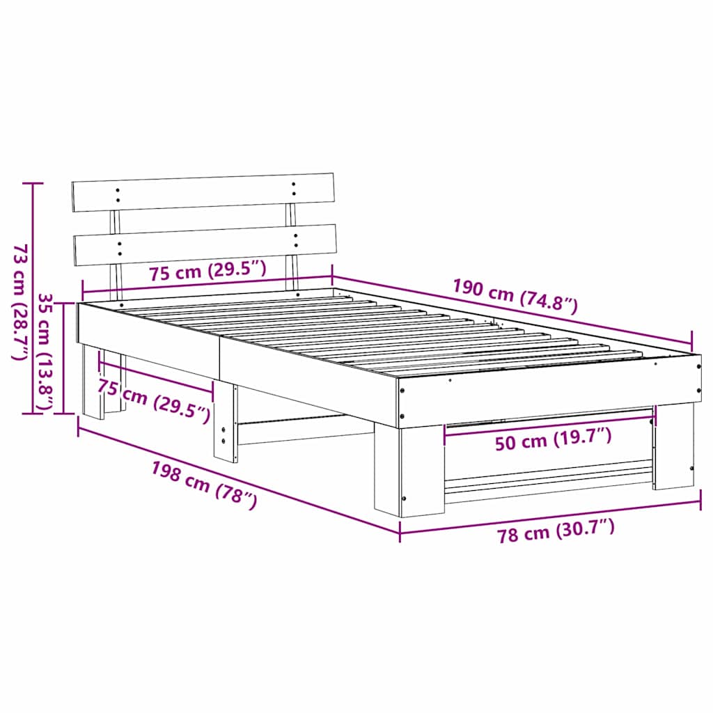 Bedframe met hoofdeinde Bruin 75 x 190 cm Massief grenenhout is nu te koop bij PeponiXL, paradijselijk wonen!