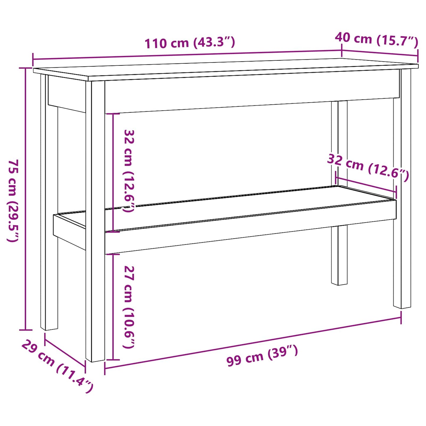 Wandtafel Wasbruin 110 x 40 x 75 cm Massief grenenhout