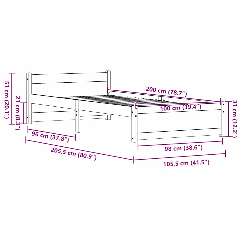 Bedframe Wasbruin 205,5 x 105,5 x 51 cm Massief grenenhout is nu te koop bij PeponiXL, paradijselijk wonen!
