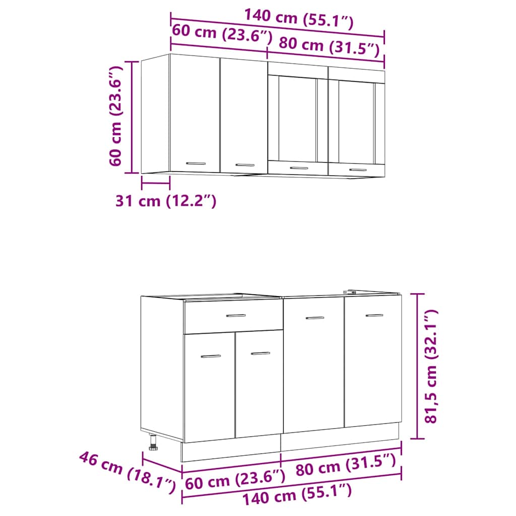 Keukenkastenset Lyon 4 pcs Grijs sonoma 140 x 46 x 81.5 cm is nu te koop bij PeponiXL, paradijselijk wonen!