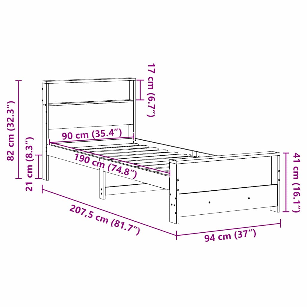 Bedframe met hoofdeinde Wasbruin 90 x 190 cm Bewerkt hout is nu te koop bij PeponiXL, paradijselijk wonen!