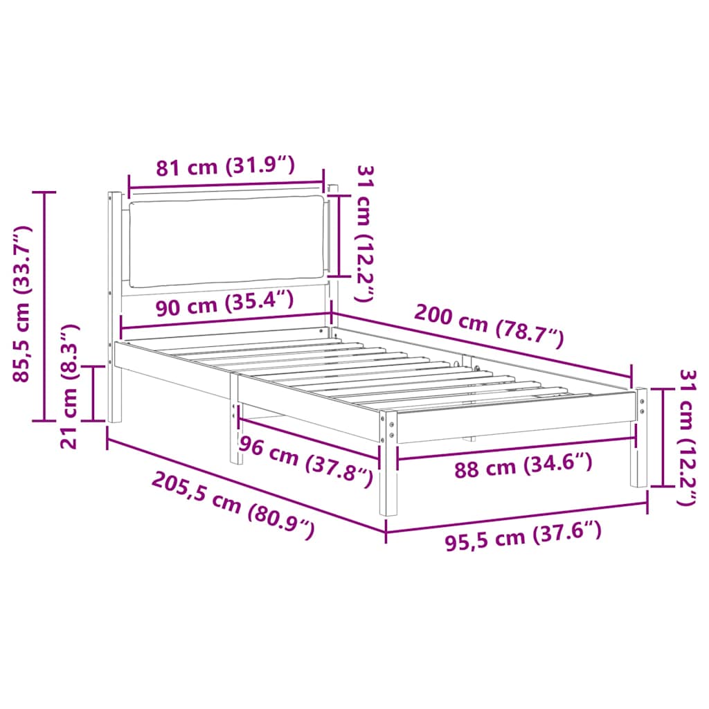 Bedframe met hoofdeinde Zwart 90 x 200 cm Massief grenenhout is nu te koop bij PeponiXL, paradijselijk wonen!