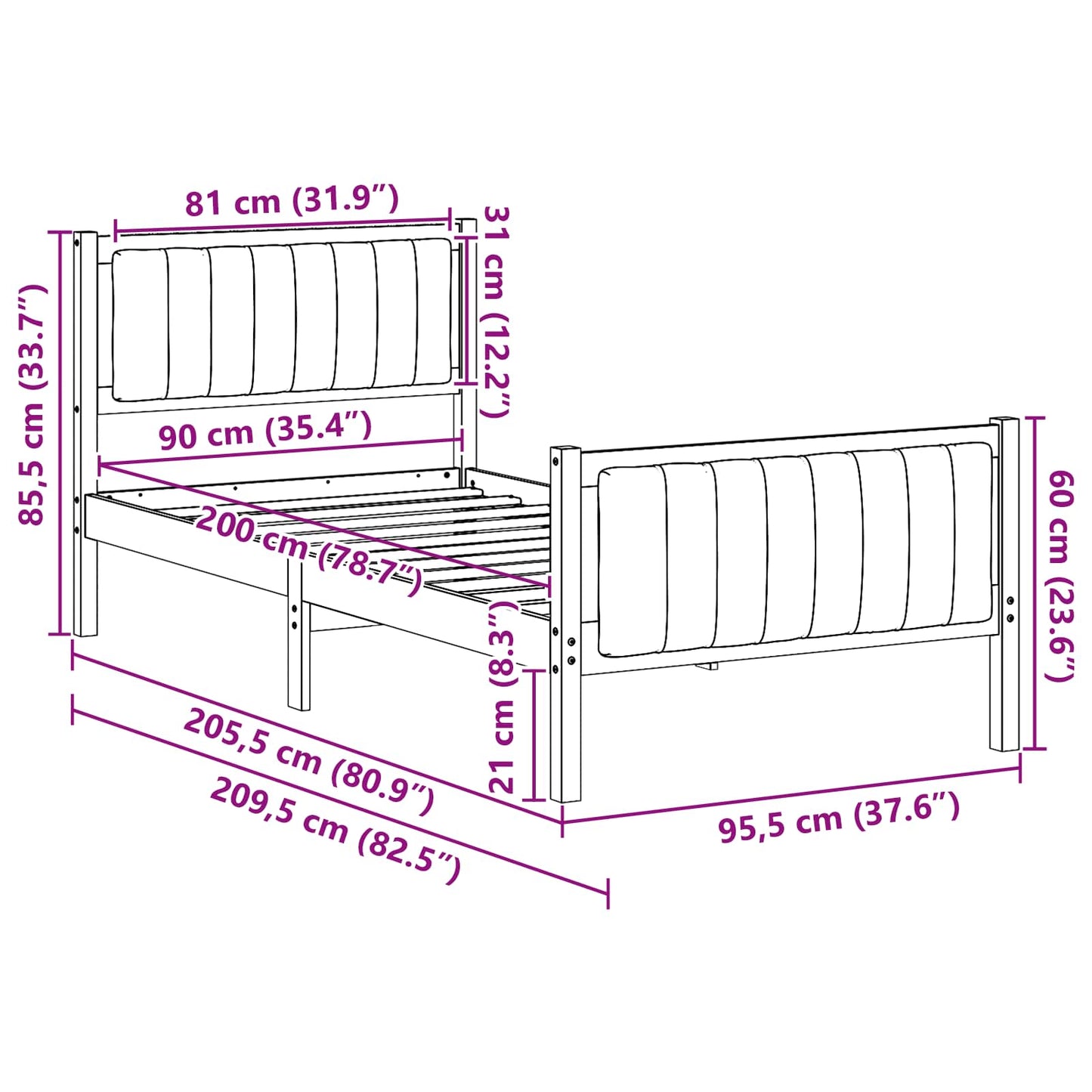 Bedframe Bruin en donkergrijs 90 x 200 cm Massief grenenhout is nu te koop bij PeponiXL, paradijselijk wonen!
