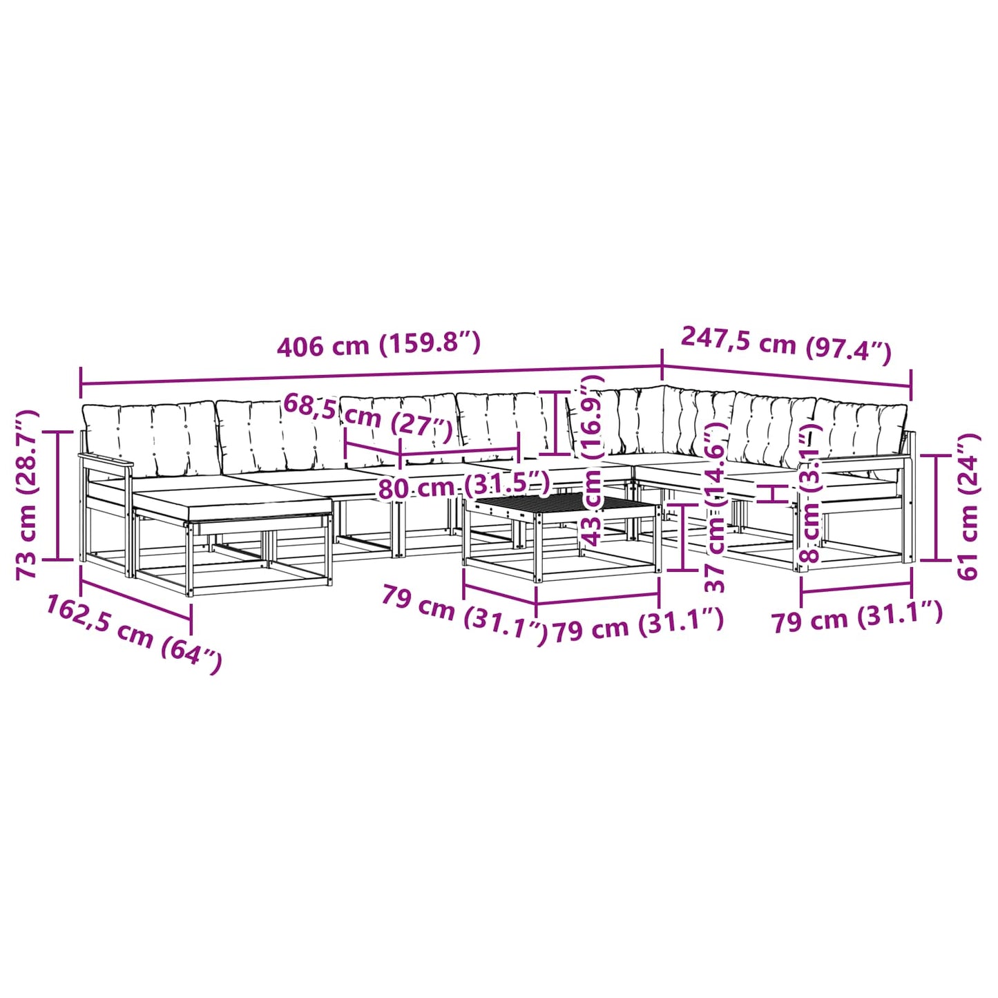 Buiten bankenset 9 pcs Wit en Beige Massief Acaciahout
