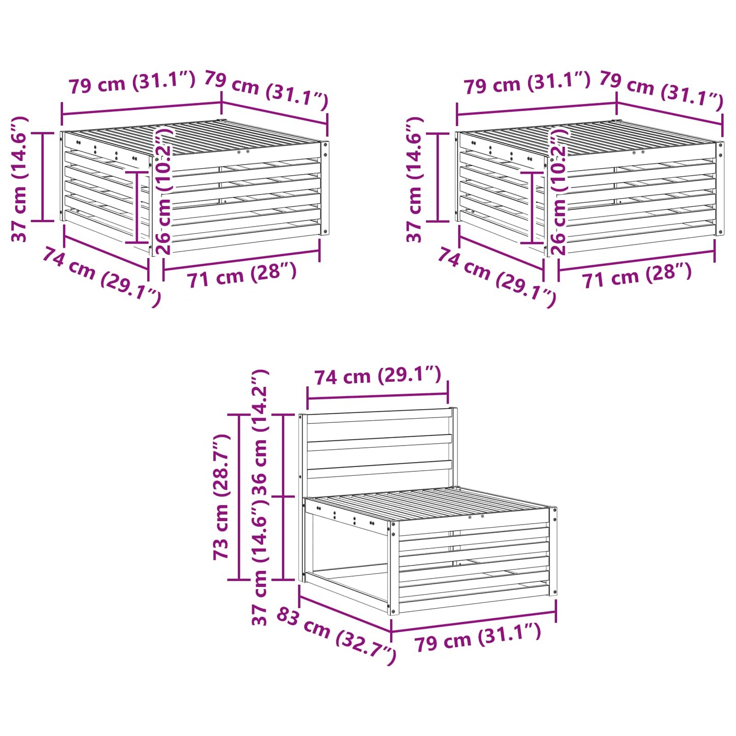 Buiten bankenset 6 pcs Wit 79 x 79 x 37 cm Massief Acaciahout