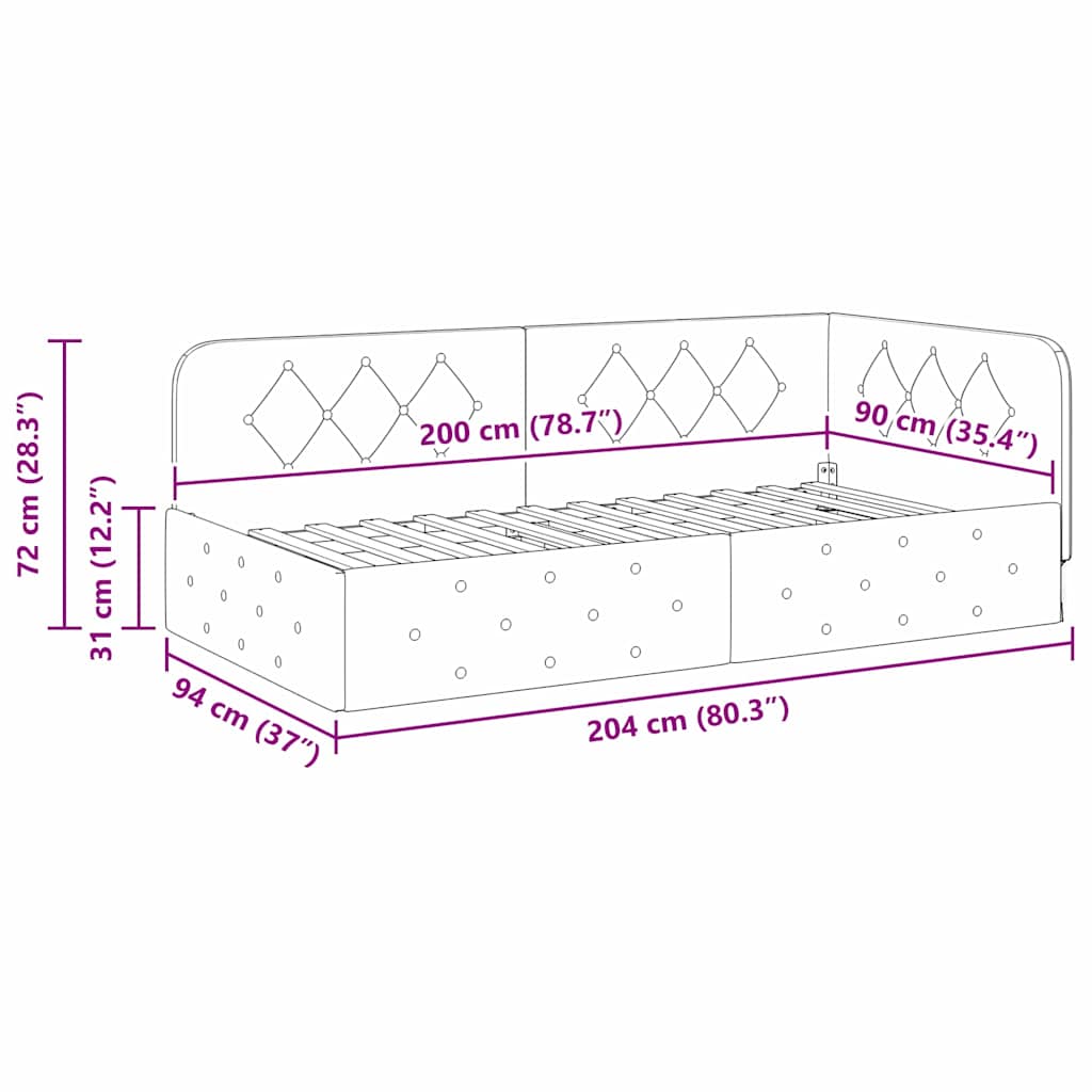 Hoekbedframe Donkergrijs 90 x 200 cm Fluweel is nu te koop bij PeponiXL, paradijselijk wonen!