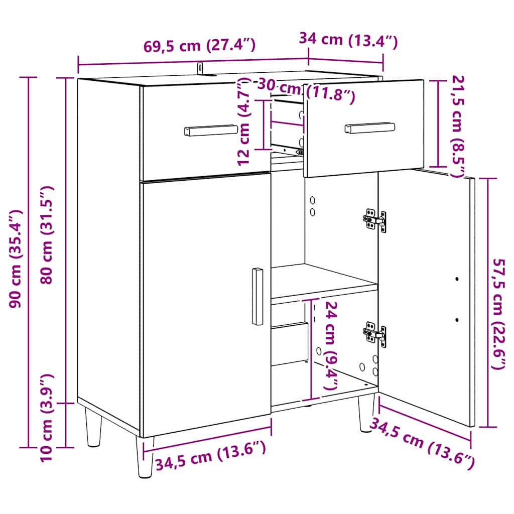 Dressoir met lade Zwart eiken 34 x 69.5 x 89 cm Bewerkt hout is nu te koop bij PeponiXL, paradijselijk wonen!