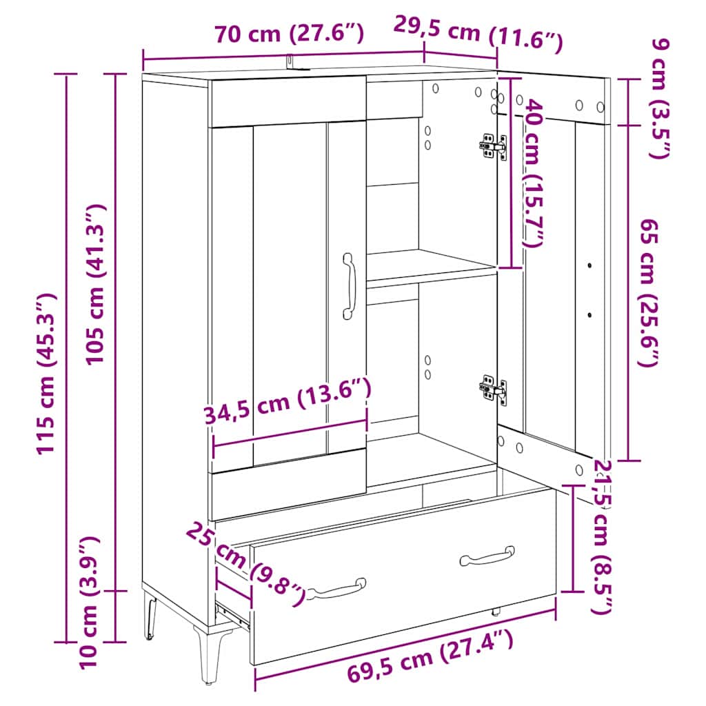 Highboard Zwart Eiken 70 x 31 x 115 cm Gemonteerd hout en ijzer is nu te koop bij PeponiXL, paradijselijk wonen!