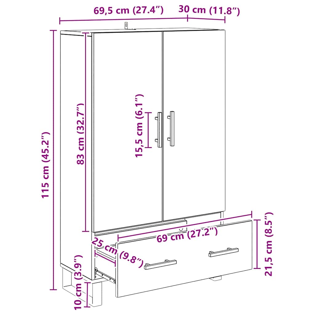Highboard met lade Zwart Eiken 69,5 x 30 x 115 cm Bewerkt hout is nu te koop bij PeponiXL, paradijselijk wonen!