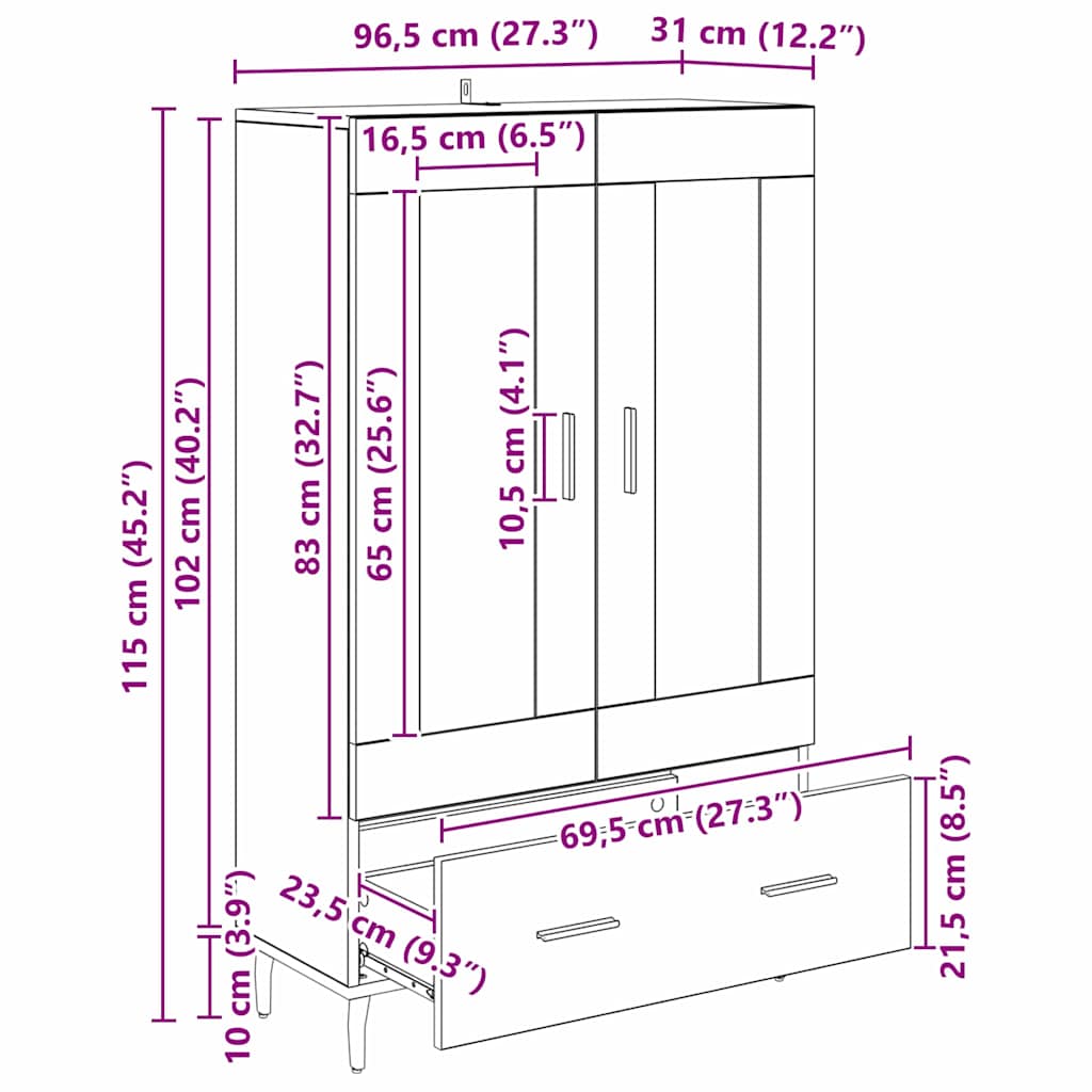 Highboard met lade Oud Hout 69,5 x 31 x 115 cm Bewerkt hout is nu te koop bij PeponiXL, paradijselijk wonen!