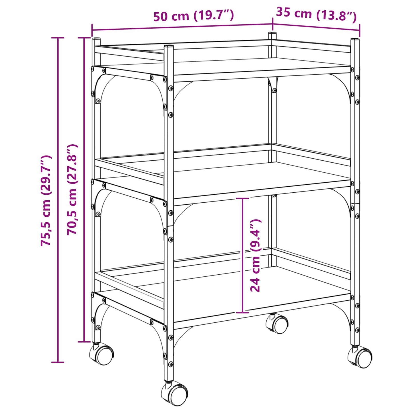 Keuken Trolley Sonoma Eiken 50 x 35 x 75,5 cm Bewerkt hout is nu te koop bij PeponiXL, paradijselijk wonen!
