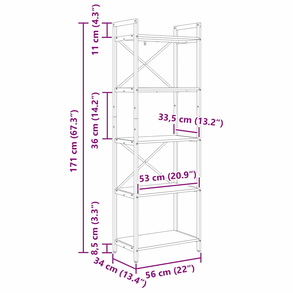 Boekenkast Grijs Sonoma 56 x 34 x 171 cm Bewerkt hout is nu te koop bij PeponiXL, paradijselijk wonen!