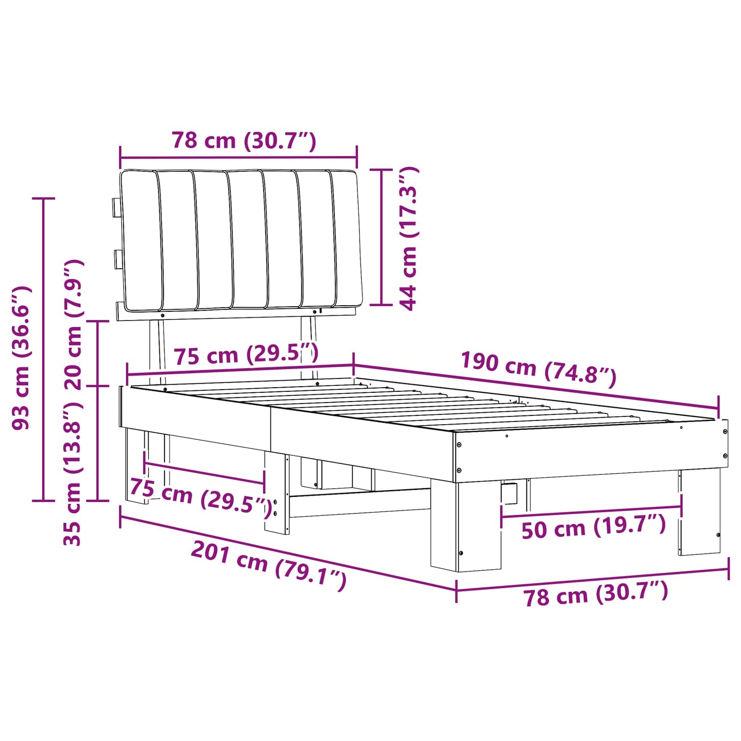 Bedframe met Gevoerd Hoofdgedeelte Donkergrijs 75 x 190 cm is nu te koop bij PeponiXL, paradijselijk wonen!